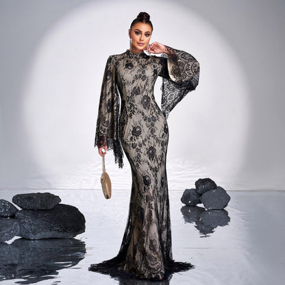 Long Sleeve Round Neck Sexy Lace Banquet Dress
