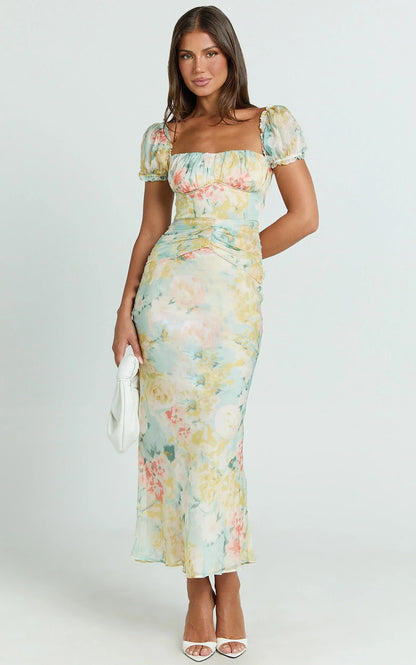 Debina Maxi Dress - Sweetheart Neckline Short Sleeve Dress in Yellow
