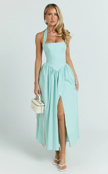 Helda Midi Dress - Halter Tie Neck Corset Panel Dress in Mint