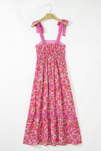 Rose Floral Lace Tied Strap Empire Waist Maxi Dress