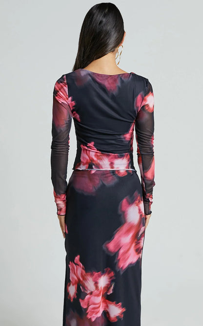 Chrishelle Top - Long Sleeve Frill Detail Mesh Top in Daze Print