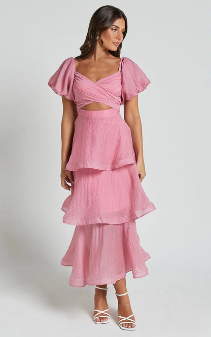 Giselle Midi Dress - Short Puff Sleeve Front Cut Out Layered Dress in Pink