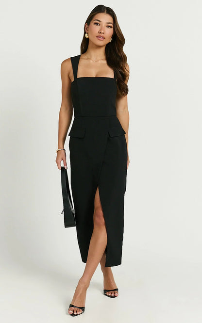 Garcia Midi Dress - Square Neck Wide Straps Fitted Wrap Skirt Dress in Black