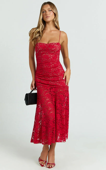 James Midi Dress - Ruched Stretch Lace Dress in Red