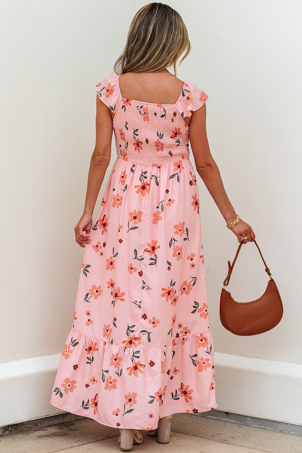 Pink Floral V Neck Smocked High Waist Ruffle Hem Long Dress