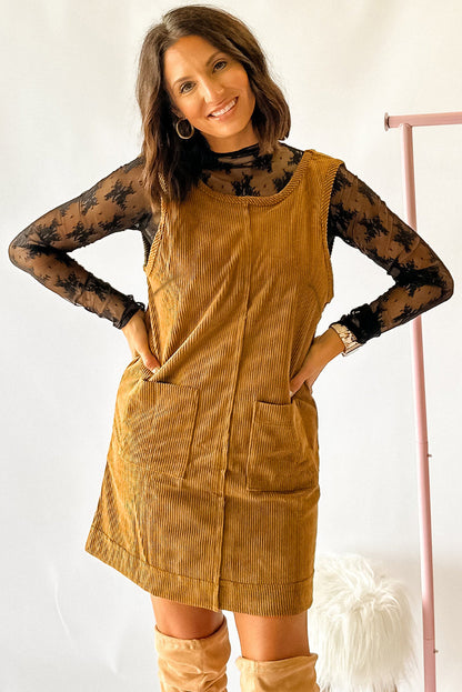 Black Corduroy Exposed Seam Sleeveless Mini Dress